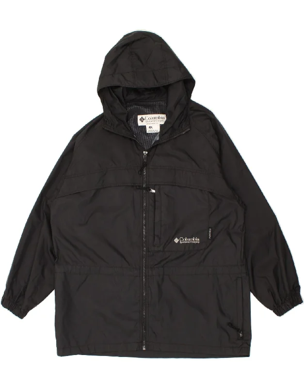 COLUMBIA Womens Hooded Rain Jacket UK 14 Medium Black Nylon Front Pockets Side Pockets Patch Pockets