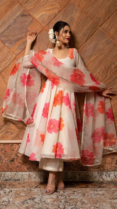 Women's Pink Heavy Chanderi Floral Digital Printed Kurta With Trouser & Dupatta - Jyoti Fashion Trousers Timeless Classic