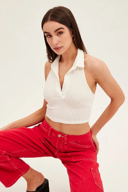 White Backless Crop Top Fleece Nylon Spandex