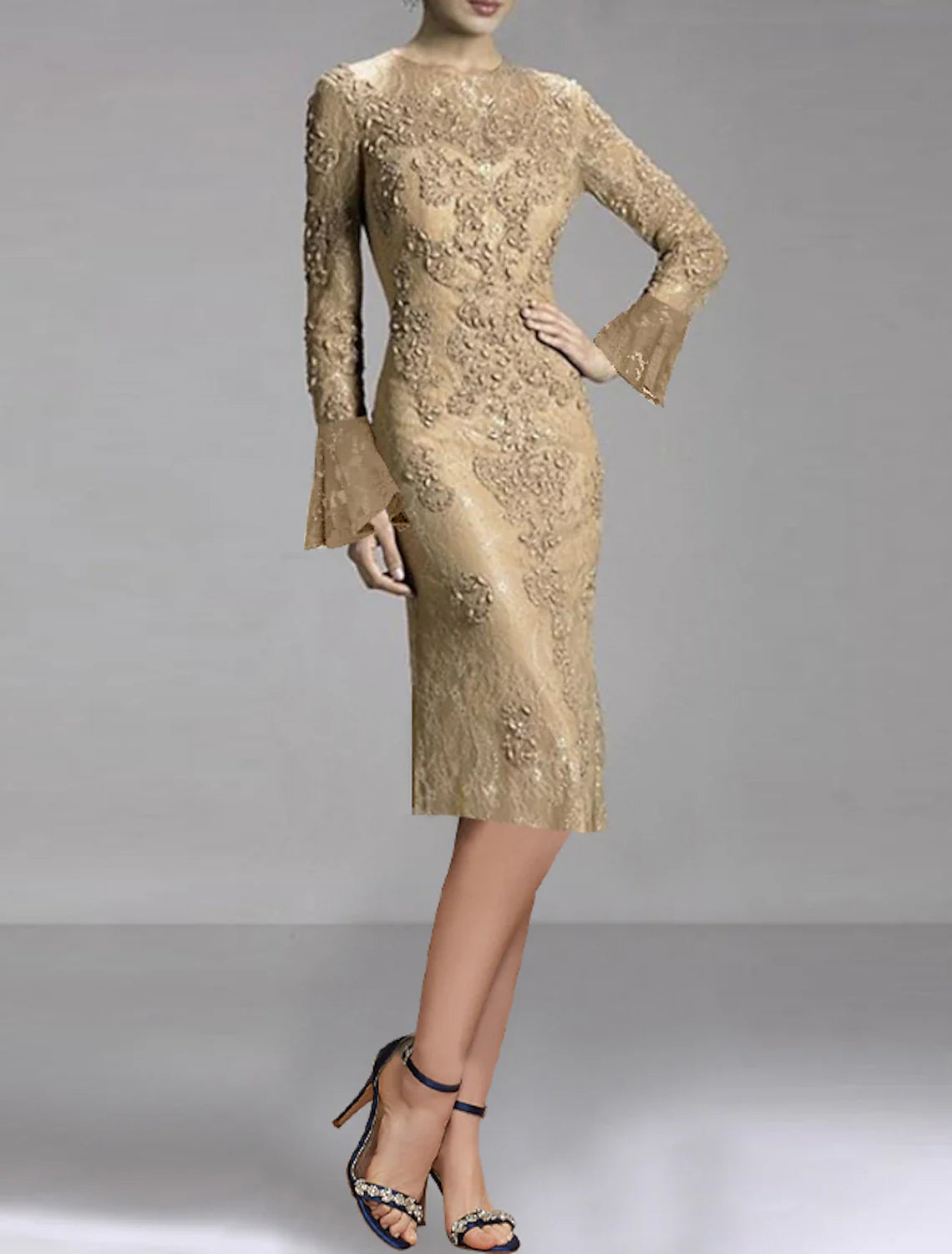Sheath / Column Cocktail Dresses Elegant Dress Party Wear Wedding Party Knee Length Long Sleeve Jewel Neck Fall Wedding Guest Lace with Appliques Tunics Gym athletic Sheath / Column Cocktail Dresses Elegant Dress Party Wear Wedding Party Knee Length Long Sleeve Jewel Neck Fall Wedding Guest Lace with Appliques Tunics Gym athletic