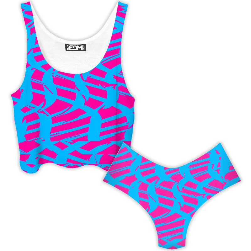 Pink and Blue Squiggly Rave Checkered Crop Top and Booty Shorts Combo Collared Crop Top Boat Neck A-Line