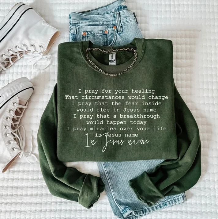In Jesus Name Graphic Sweater Turtle Neck Boat Neck Asymmetrical Neck