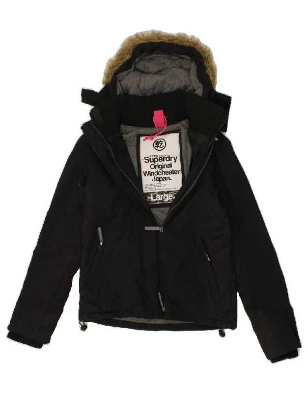 SUPERDRY Womens Windcheater Hooded Windbreaker Jacket UK 16 Large Black Zippered Jacket Buttoned Jacket Snapped Jacket