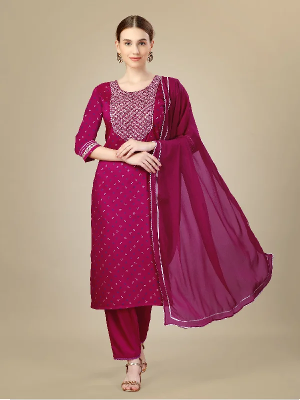 Women's Rani Pink Silk Blend Embroidery & Sequence Work Kurta With Trouser & Dupatta - Jyoti Fashion Trousers Bridal Satin