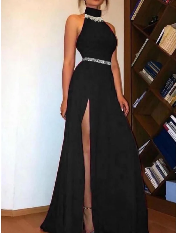 A-Line Evening Gown Elegant Dress Formal Sweep / Brush Train Black Dress Sleeveless High Neck Stretch Fabric with Pleats Crystals Slit Tunics Versatile stylish A-Line Evening Gown Elegant Dress Formal Sweep / Brush Train Black Dress Sleeveless High Neck Stretch Fabric with Pleats Crystals Slit Tunics Versatile stylish