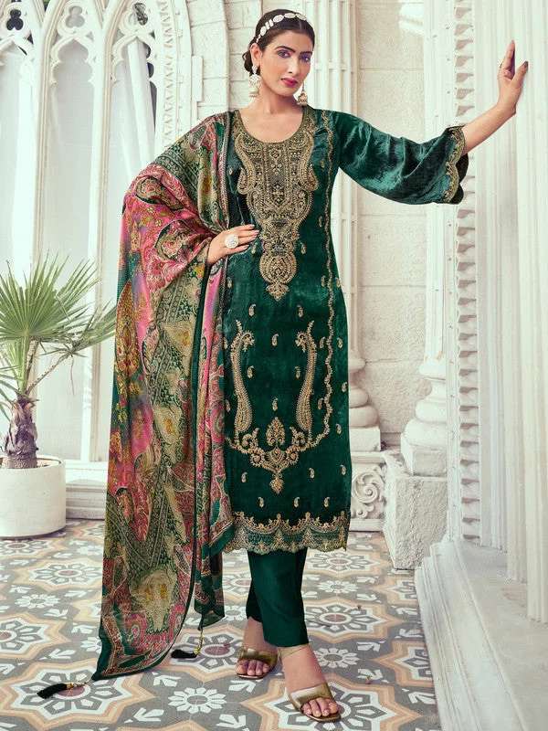 Women's Green Velvet Cording With Digital Printed Kurta With Trouser & Dupatta - Jyoti Fashion Trousers Silk Elegant