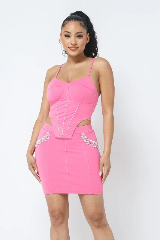 Rhinestone Detailed Strappy Cropped Top With Matching Rhinestone Pocket Detail Mini Skirt maxi skirt elegant