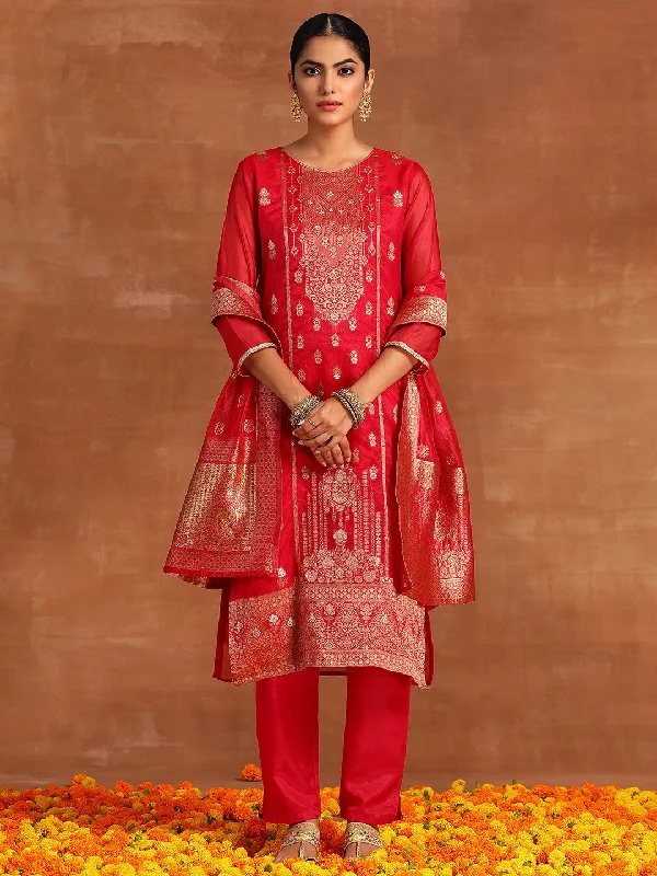 Women's Rani Pink Woven Design Straight Kurta Trousers With Dupatta Set - Indo Era Trousers chic fashionable