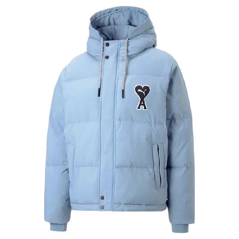 Puma x AMI Puffer Jacket Faded Denim Welt Pockets Slit Pockets Flap Pockets