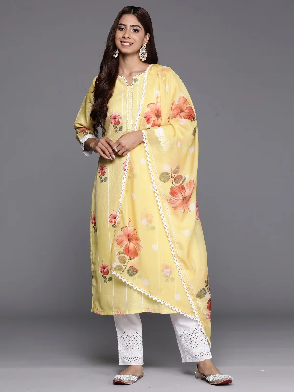 Women's Yellow Printed Straight Kurta Trousers With Dupatta Set - Indo Era Trousers Denim Blue