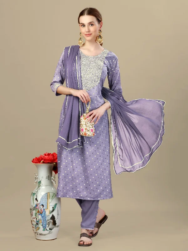 Women's Lavender Silk Blend Embroidery & Sequence Work Kurta With Trouser & Dupatta - Jyoti Fashion Trousers Spring Floral