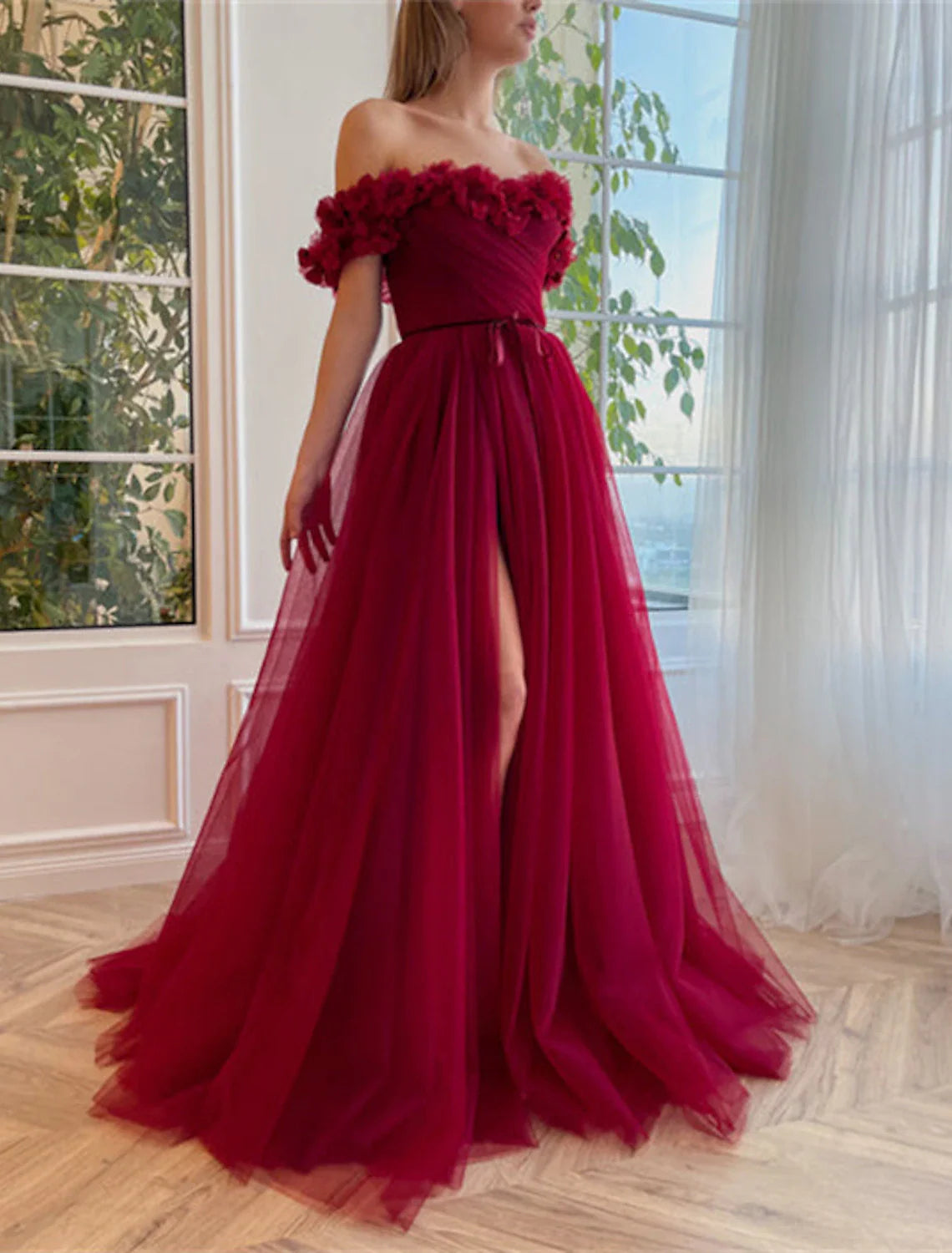 A-Line Prom Dresses Floral Dress Wedding Guest Wedding Party Sweep / Brush Train Short Sleeve Off Shoulder Tulle with Slit Strappy Tunics Sophisticated sleek A-Line Prom Dresses Floral Dress Wedding Guest Wedding Party Sweep / Brush Train Short Sleeve Off Shoulder Tulle with Slit Strappy Tunics Sophisticated sleek