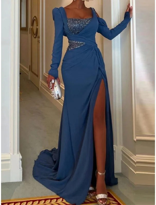 A-Line Evening Gown Elegant Dress Formal Court Train Long Sleeve Square Neck Sequined with Sequin Slit Boat Neckline Classic A-Line Evening Gown Elegant Dress Formal Court Train Long Sleeve Square Neck Sequined with Sequin Slit Boat Neckline Classic