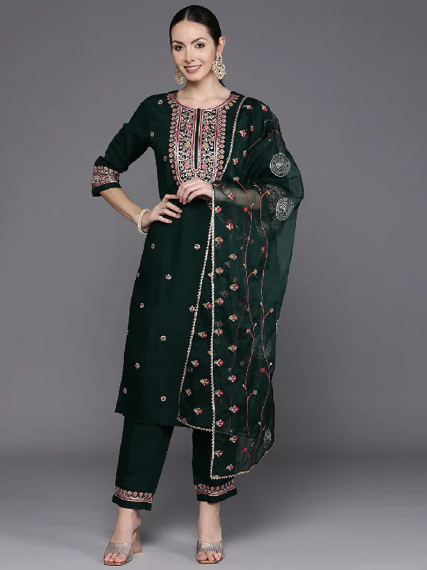 Women's Green Embroidered Straight Kurta Trousers With Dupatta Set - Indo Era Trousers versatile all-occasion