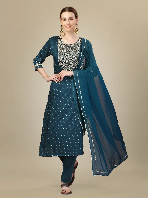 Women's Morpich Silk Blend Embroidery & Sequence Work Kurta With Trouser & Dupatta - Jyoti Fashion Trousers Winter Warm