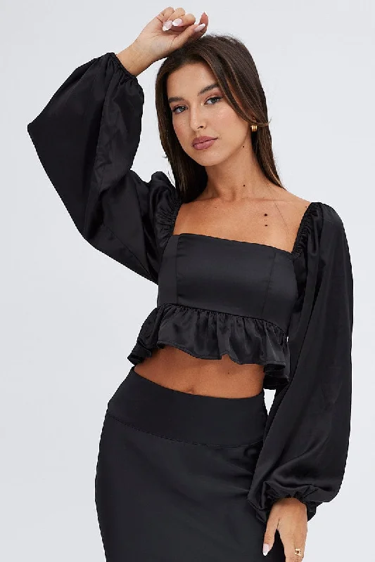 Black Crop Top Long Sleeve Square Neck Frill Hem Satin Notch Collar Peter Pan Collar Cowl Neck
