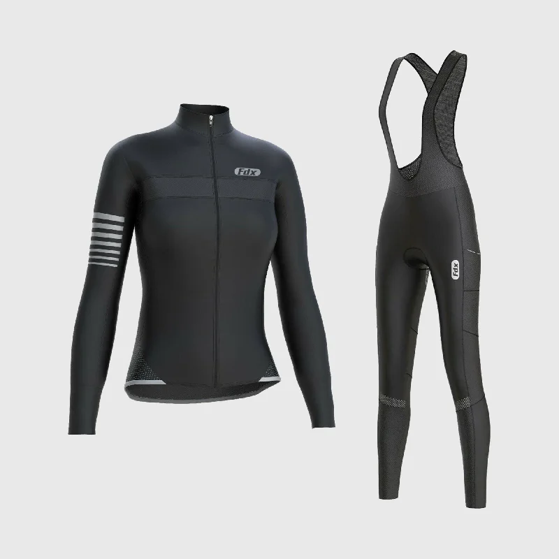 Fdx Women's & Girl's Set All Day Thermal Roubaix Long Sleeve Cycling Jersey & Cargo Bib Tights - Black Solid Color Jersey Shirt Fdx Women's & Girl's Set All Day Thermal Roubaix Long Sleeve Cycling Jersey & Cargo Bib Tights - Black Solid Color Jersey Shirt