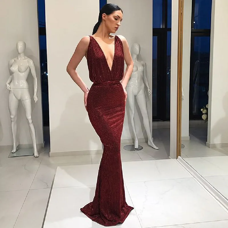 Burgundy Mermaid Sexy Deep V-neck Backless Sequin Prom Dresses, FC781 empire Waist empire