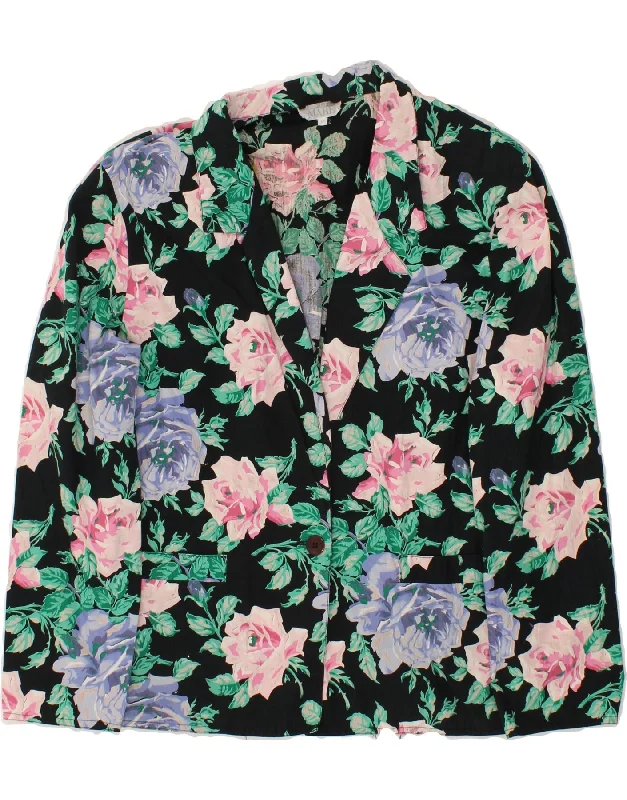 ANDREA MARE Womens 1 Button Blazer Jacket UK 14 Medium Black Floral Fleece Fabric Down Fabric Feather Fabric