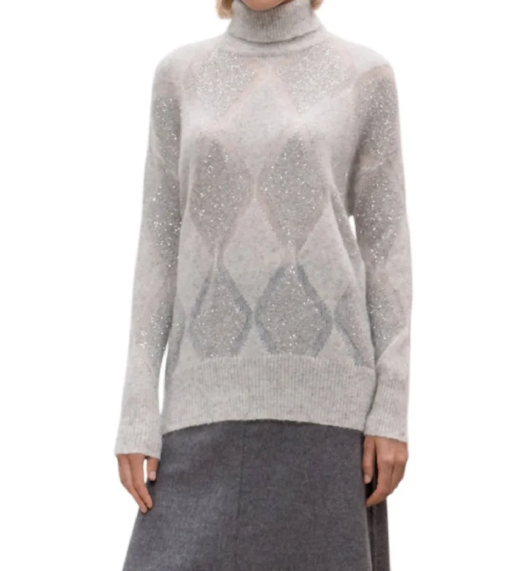 Pailette Argyle Turtleneck Sweater In Pearl Grey Solid Print Embellished