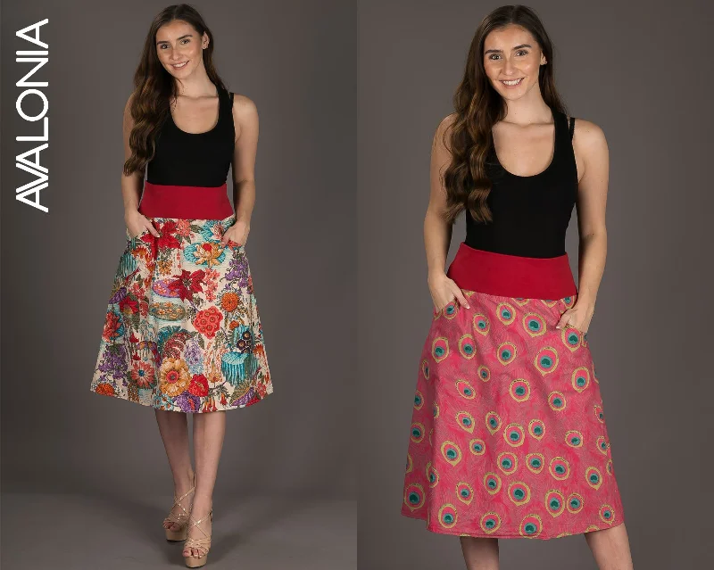 Reversible Midi Skirt Peacock Floral Print with Pockets cashmere skirt fine