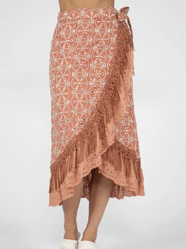 Miss Me MS0131L Womens Long Ruffled Layered Wrap Skirt Rust lace skirt romantic