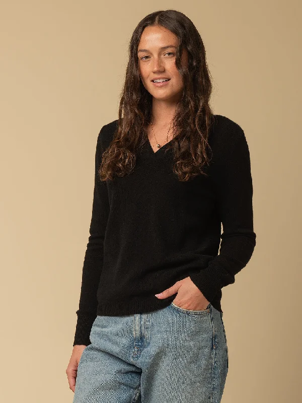 Deep V Neck Sweater_Black Terry Terry Cloth Terry Knit