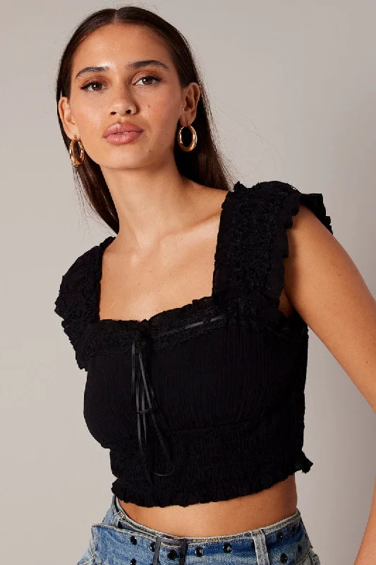 Black Crop Top Sleeveless Shirred Waist Satin Bow Zippered Front Buttoned Front Snap Front