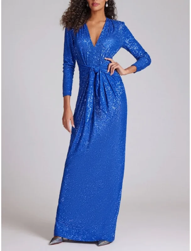 Sheath / Column Evening Gown Elegant Dress Formal Fall Floor Length Long Sleeve V Neck Sequined with Glitter Ruched Tunics stripes playful Sheath / Column Evening Gown Elegant Dress Formal Fall Floor Length Long Sleeve V Neck Sequined with Glitter Ruched Tunics stripes playful