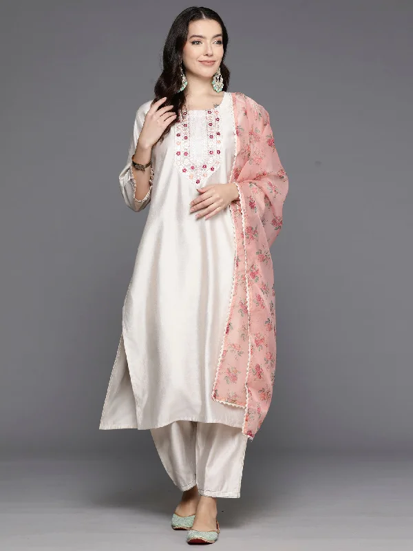 Women's Off White Embroidered Straight Kurta Trousers With Dupatta Set - Indo Era Trousers Canvas Durable