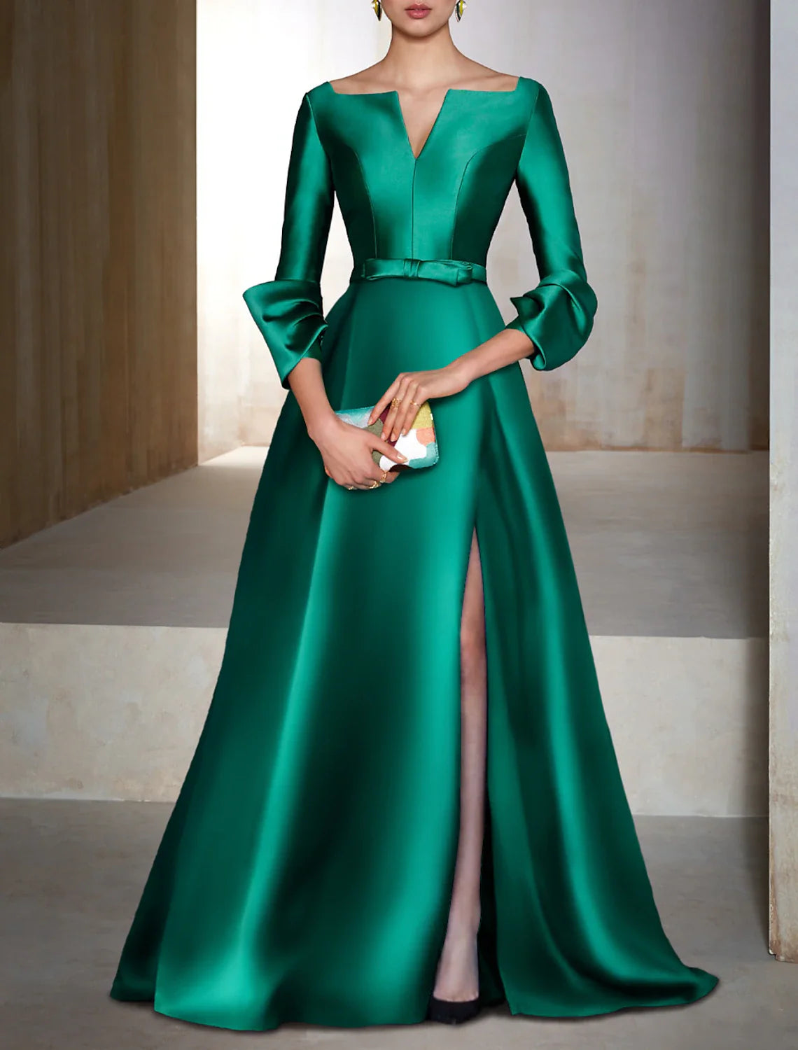 A-Line Evening Gown Elegant Dress Formal Cocktail Party Floor Length Long Sleeve V Neck Wedding Guest Satin A-Line Day Work A-Line Evening Gown Elegant Dress Formal Cocktail Party Floor Length Long Sleeve V Neck Wedding Guest Satin A-Line Day Work