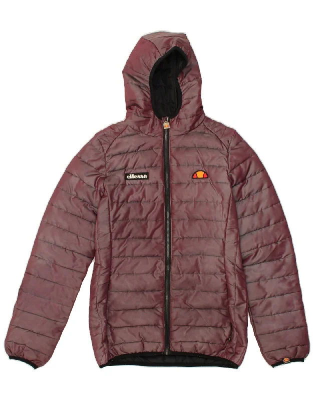 ELLESSE Womens Hooded Padded Jacket UK 8 Small Burgundy Nylon Collared Jacket Crew Neck Jacket Turtle Neck Jacket