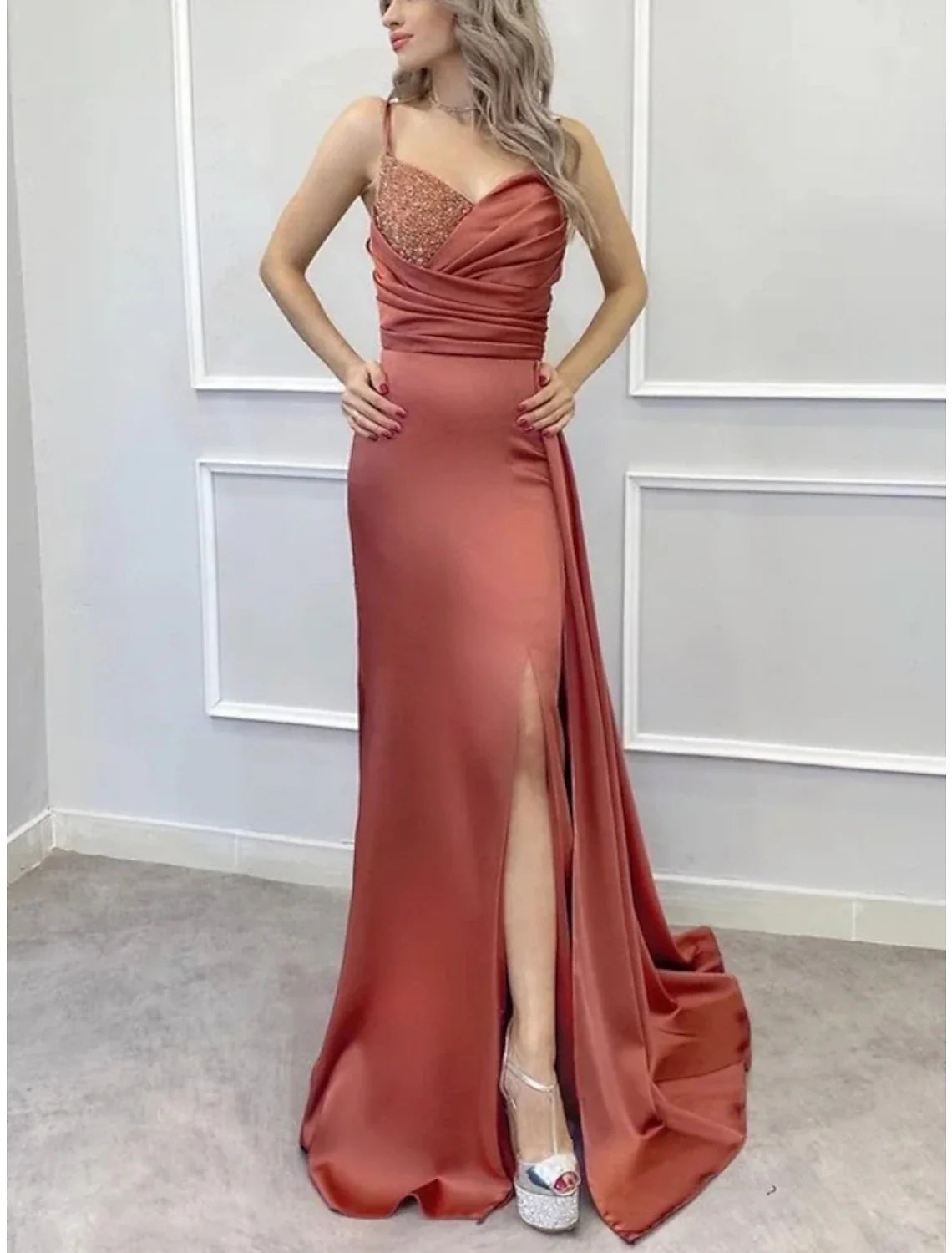 A-Line Evening Gown Elegant Dress Formal Sweep / Brush Train Sleeveless Spaghetti Strap Imitation Silk with Pleats Ruched Sequin Tunics Prom sequined A-Line Evening Gown Elegant Dress Formal Sweep / Brush Train Sleeveless Spaghetti Strap Imitation Silk with Pleats Ruched Sequin Tunics Prom sequined