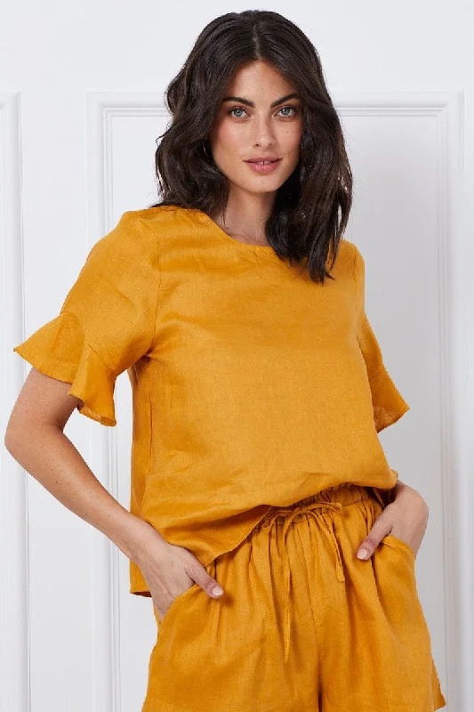 Yellow Crop Top Short Sleeve Relaxed Linen Welt Pockets Slit Pockets Flap Pockets