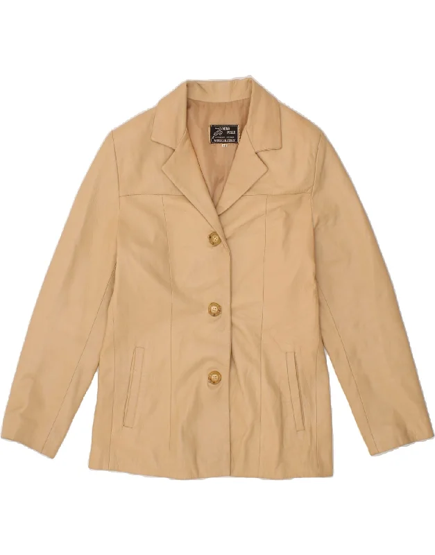 VINTAGE Womens Leather 3 Button Blazer Jacket IT 44 Medium Beige Leather Wool Jacket Cashmere Jacket Tweed Jacket
