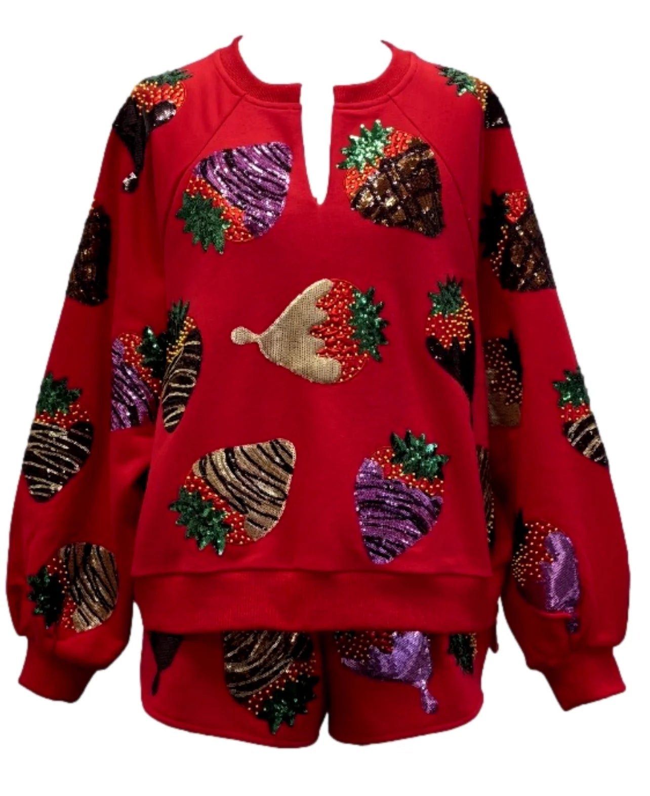 Red Chocolate Covered Strawberries Sweatshirt | Queen of Sparkles Hoodie with Ribbed Neckline Snug Warm