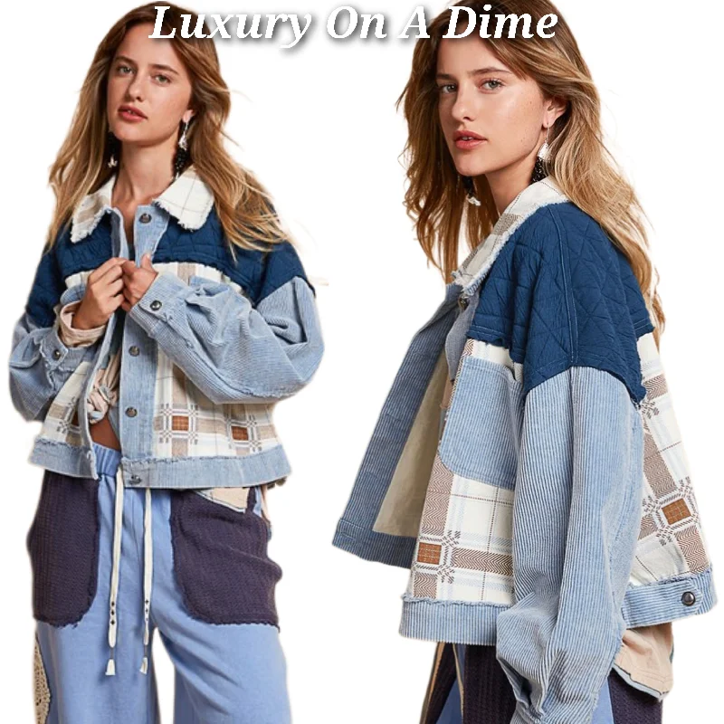 POL Corduroy Plaid Quilted Patchwork Retro Boho Raw Seam Button-Up Jacket Satin Jacket Silk Jacket Chiffon Jacket