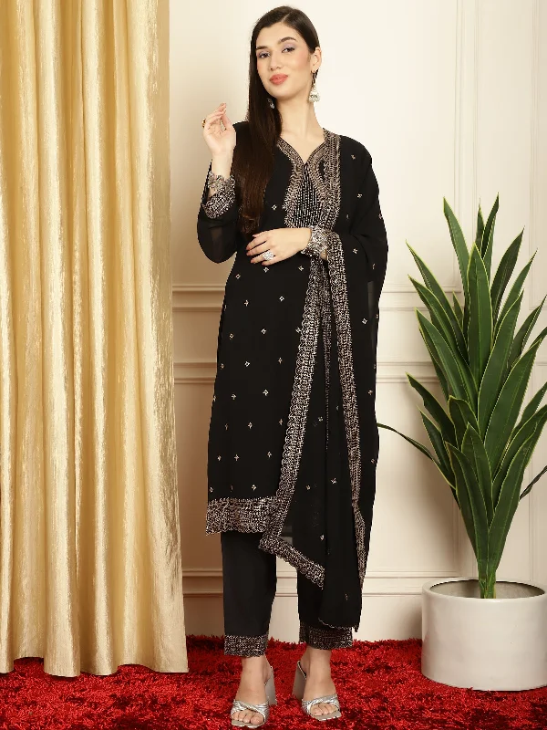 Women's Black Georgette Resham Thread & Sequin Kurta With Trouser & Dupatta - Jyoti Fashion Trousers Designer Luxury