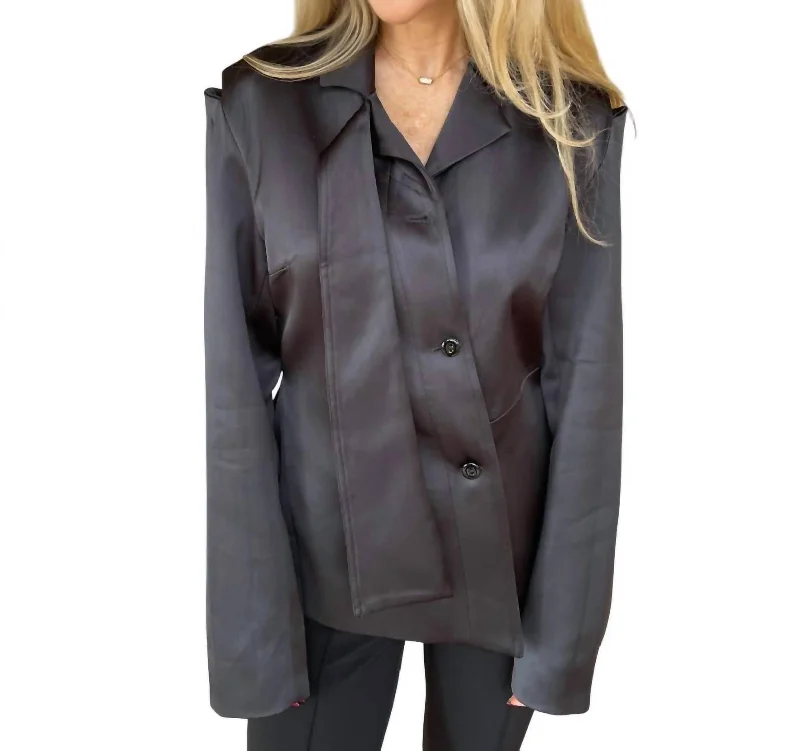 Nanci Satin Jacket In Jet Black Boat Neck Shawl Collar Notched Collar