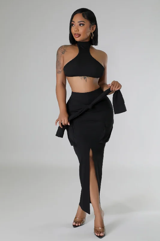 80017P-Mock Neck Crop Top & Skirt Set Knit Fabric Woven Fabric Fleece Fabric