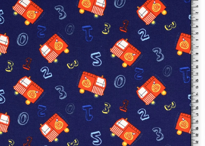 Fire Engines Navy Printed Cotton Jersey Fabric Seasonal Jersey Tee