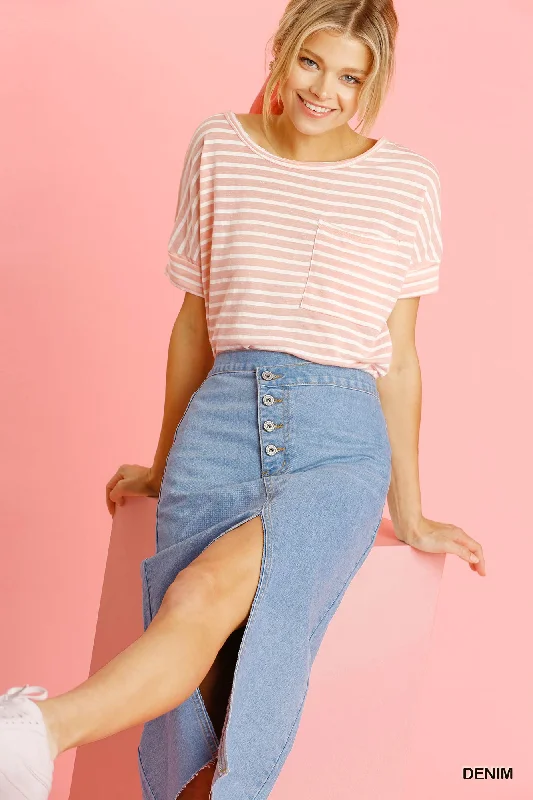 Asymmetrical Waist And Button Up Front Split Denim Skirt With Back Pockets And Unfinished Hem button skirt front