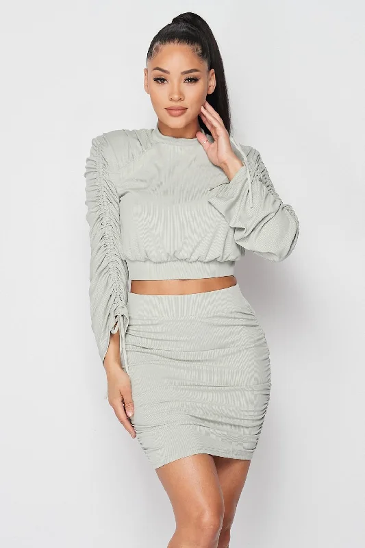 Ruched Long Sleeve And Skirt Set denim skirt trendy