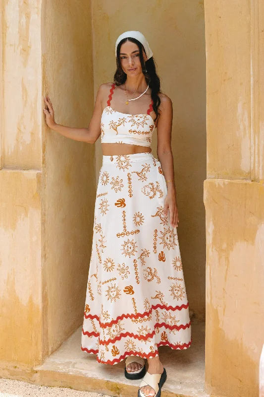 Solara White Orange Tropical Ric Rac Maxi Skirt cashmere skirt soft