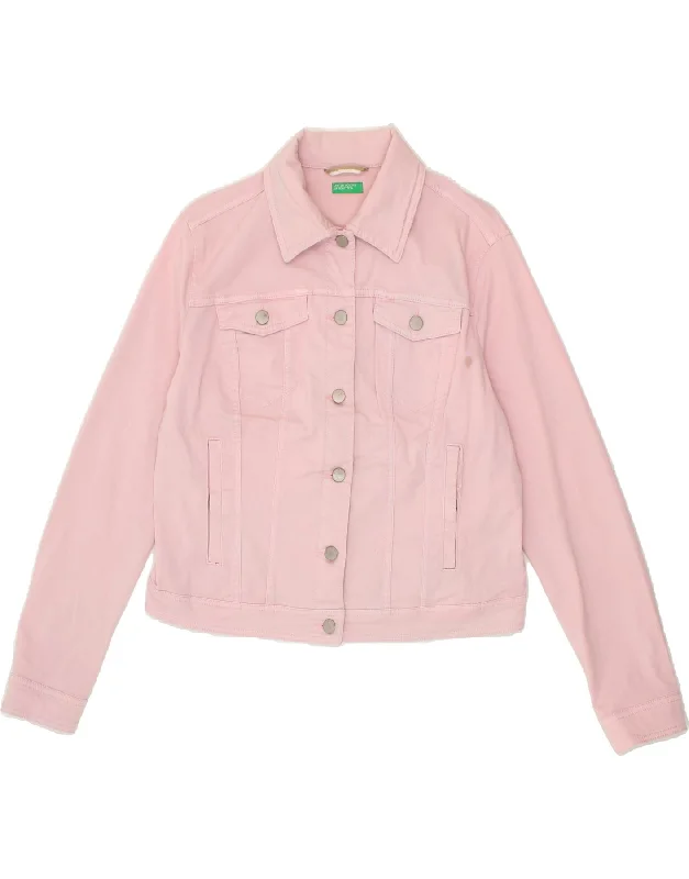 BENETTON Womens Crop Denim Jacket UK 18 XL Pink Cotton Stand-Up Collar Roll-Neck Collar Turtle Neck