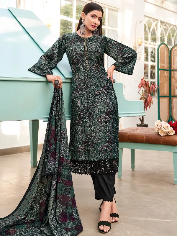 Women's Green Velvet Digital Print With Resham Thread Work Kurta With Trouser & Dupatta - Jyoti Fashion Trousers Occasion Special