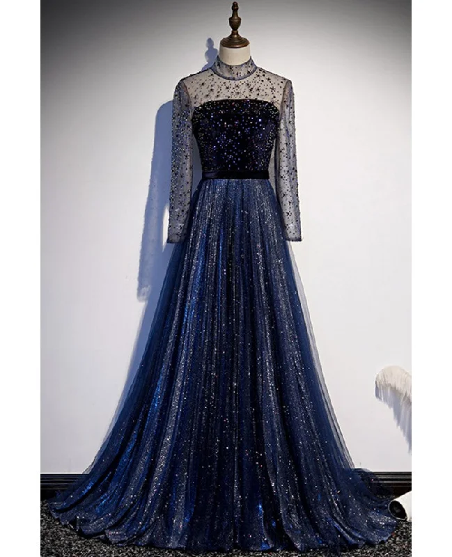Noble Navy Blue Perspective High Neck Long sleeved Water Diamond Sequin Ball Dress Navy Blue A-line Princess Sparkling Backless Tulle Sweeping Tail Ruffle Edge Evening Dress Off-the-shoulder Chic Trendy Noble Navy Blue Perspective High Neck Long sleeved Water Diamond Sequin Ball Dress Navy Blue A-line Princess Sparkling Backless Tulle Sweeping Tail Ruffle Edge Evening Dress Off-the-shoulder Chic Trendy
