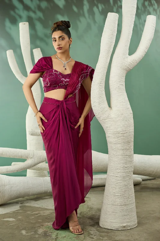 Plum Pink Drape Skirt Set With Detachable Dupatta lace skirt elegant