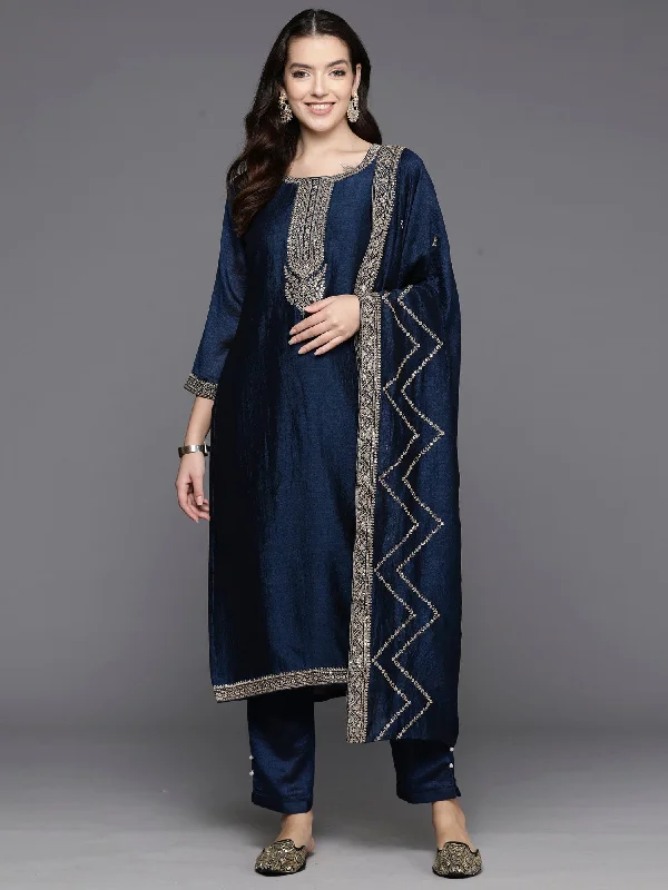 Women's Blue Embroidered Straight Kurta Trousers With Dupatta Set - Indo Era Trousers luxurious high-end