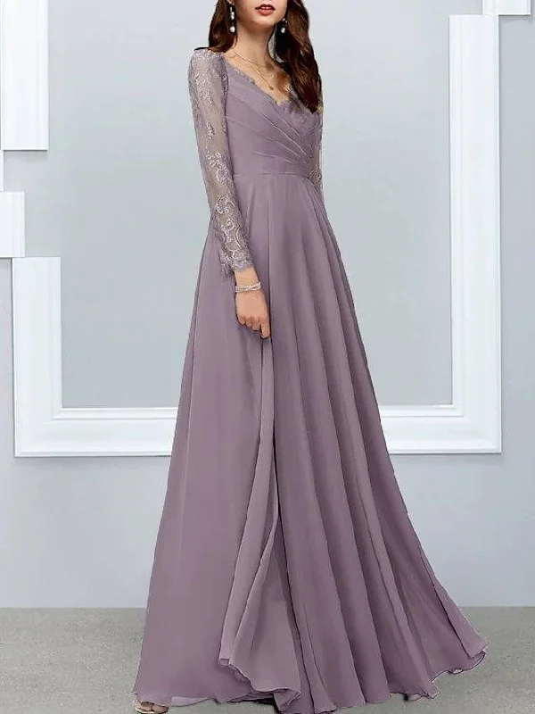A-Line Mother of the Bride Dress Elegant V Neck Floor Length Chiffon Lace Long Sleeve with Lace Appliques A-Line Mother of the Bride Dress Elegant V Neck Floor Length Chiffon Lace Long Sleeve with Lace Appliques